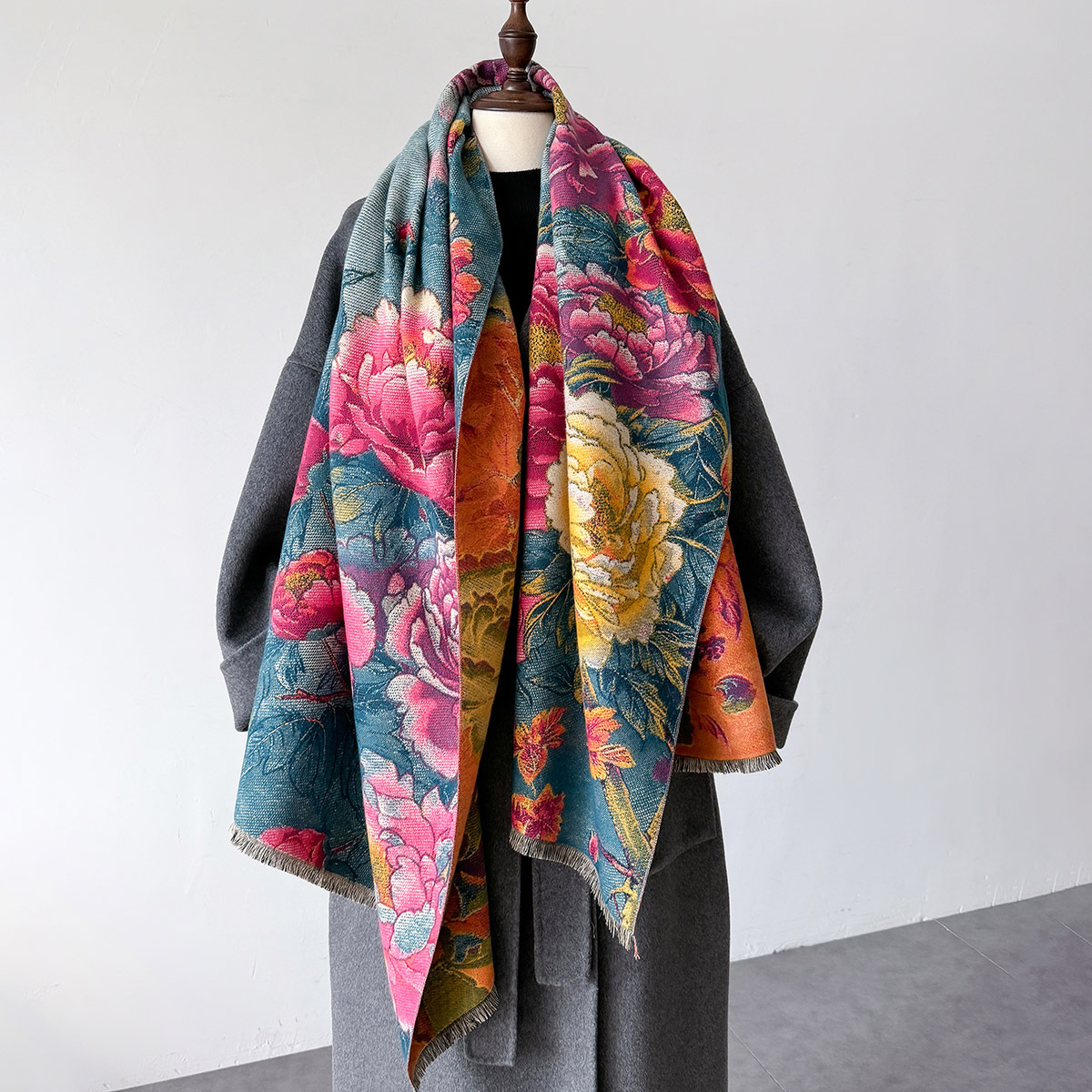 Shawl Wrap Winter - ผ้าพันคอผ้าพันคอผ้าพันคอผู้หญิงผ้าคลุมไหล่ดอกไม้พิมพ์ใหม่ Wraps หรูหราหนาผ้าห่มฤดูหนาว Bufanda Pashmina หญิง