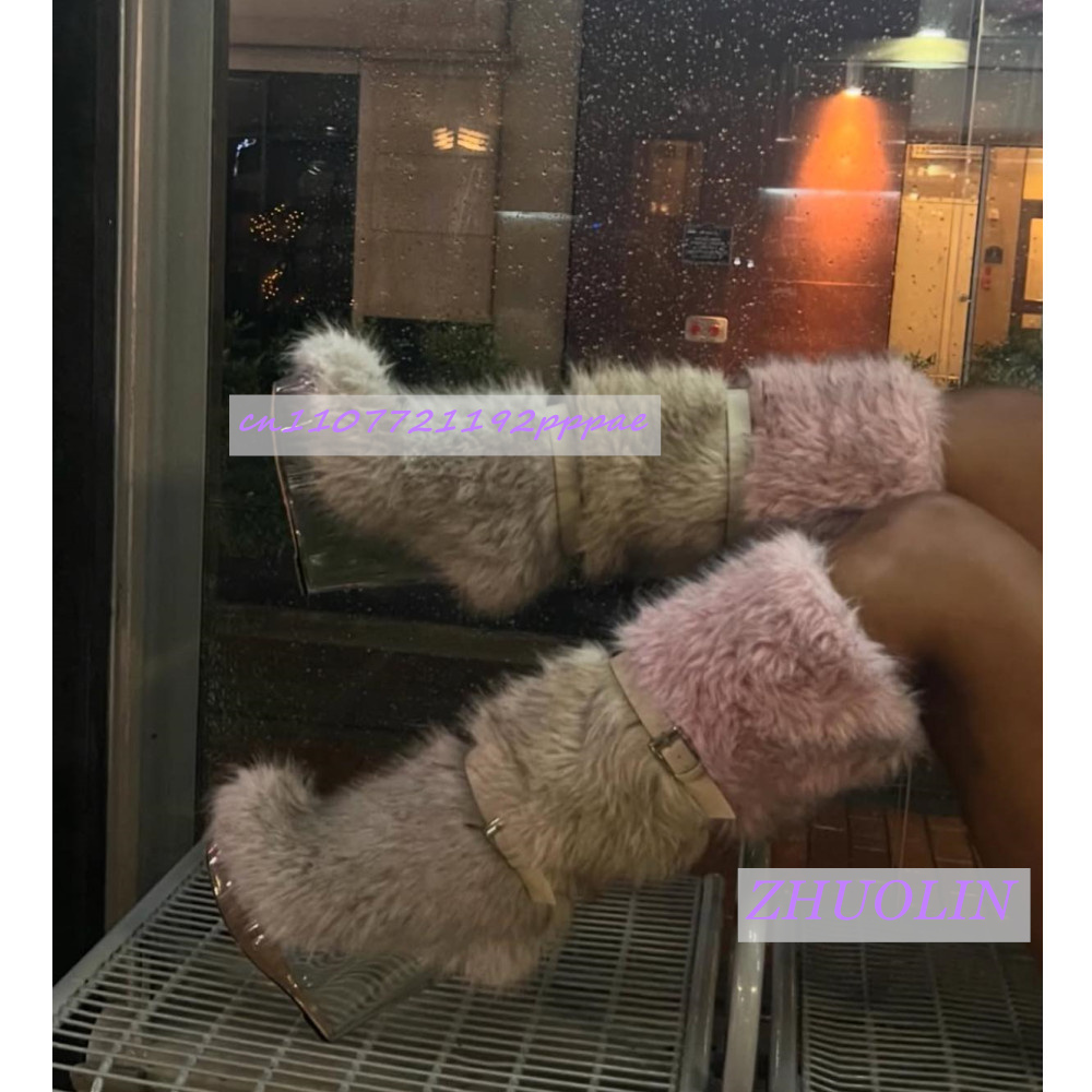 Waterproof Winter Boot - รองเท้าบูทส้นเตารีดแบบโปร่งใสแต่งขนเฟอร์ลายไล่สีฤดูหนาวสำหรับผู้หญิง รองเท้าบูทหิมะแบบมีสายคาดหัวเข็มขัดหวานๆ แฟชั่นทันสมัยสไตล์พังก์ รองเท้าบูทสูงถึงเข่า ไซส์ 43