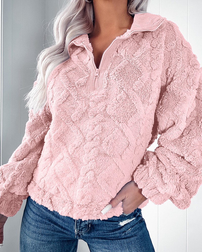 Sherpa Hoodie Fleece - เสื้อสเวตเชิ้ตผู้หญิงผ้าเชอร์ปาฟลีซ คอตั้ง ซิปครึ่งตัว แขนยาวทรงบาน ลายแจ็คการ์ด ทรงหลวม