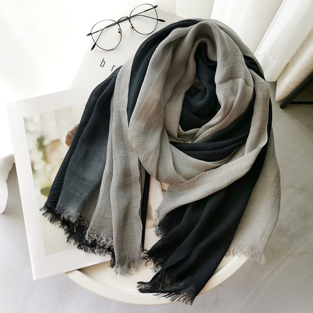 Shawl Wrap Winter - ผ้าพันคอผ้าฝ้ายลินินสไตล์ญี่ปุ่นแบบยูนิเซ็กซ์ สีไล่ระดับ สำหรับฤดูใบไม้ร่วงและฤดูหนาว ผ้าคลุมไหล่เนื้อนุ่มแบบยาว และผ้าพันคอแบบสั้นประดับพู่สำหรับผู้หญิง