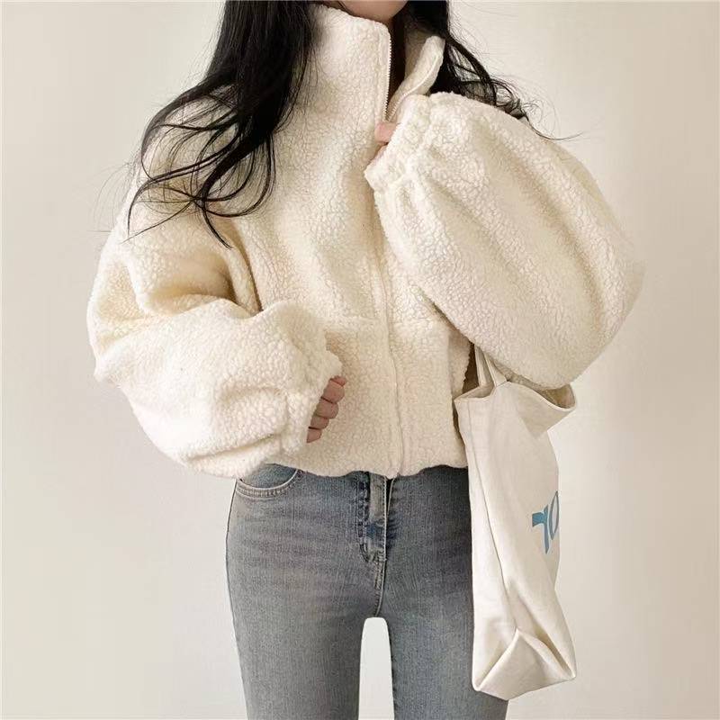 Sherpa Hoodie Fleece - เสื้อฮู้ดดี้ซิปอัพคอตั้งสำหรับผู้หญิง ทรงครอป ซับในขนแกะเชอร์ปา นุ่มสบาย สไตล์หลวมๆ แบบลำลอง