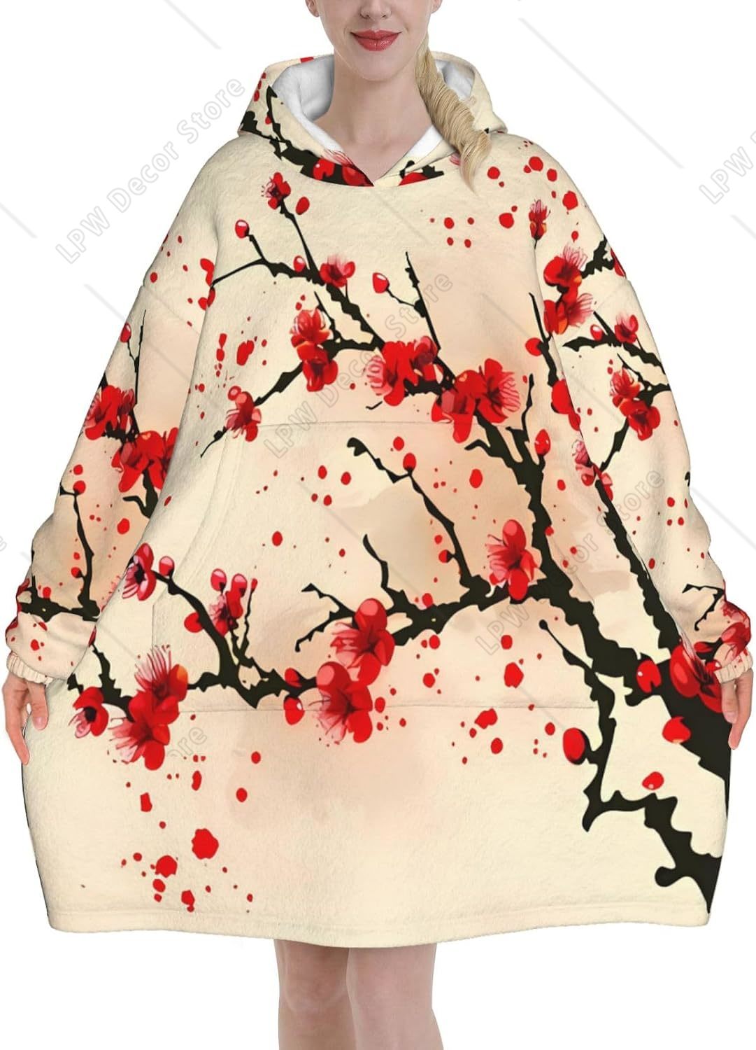 เสื้อฮู้ดผ้าห่มลายดอกซากุระสีแ - Sherpa Hoodie Fleece บทวิจารณ์และราคา